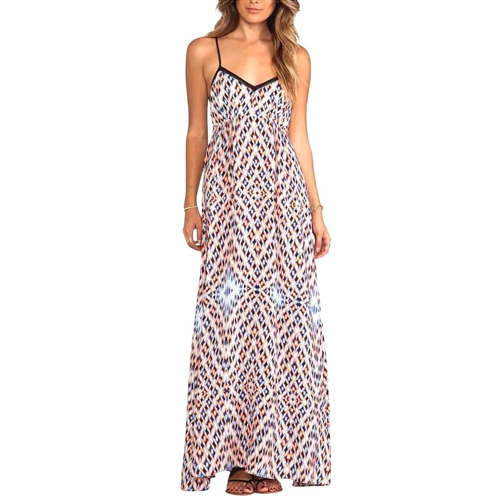 Greylin Women Small Silk Geometric Maxi Dress Orange Blue Black Ladder Lace Trim